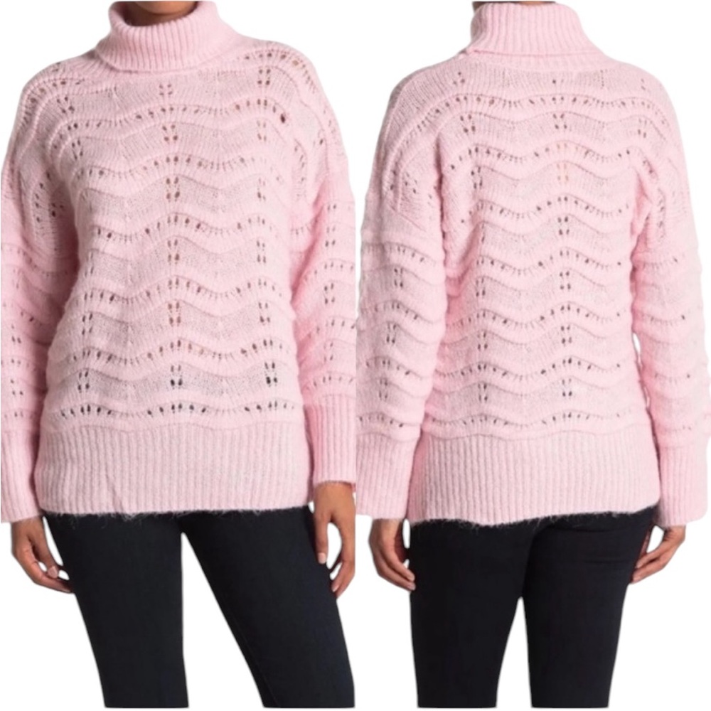 NWT FRNCH S/M Sweater Light Pink Turtleneck Oversized Open Knit Balloon Sleeve - Picture 3 of 8